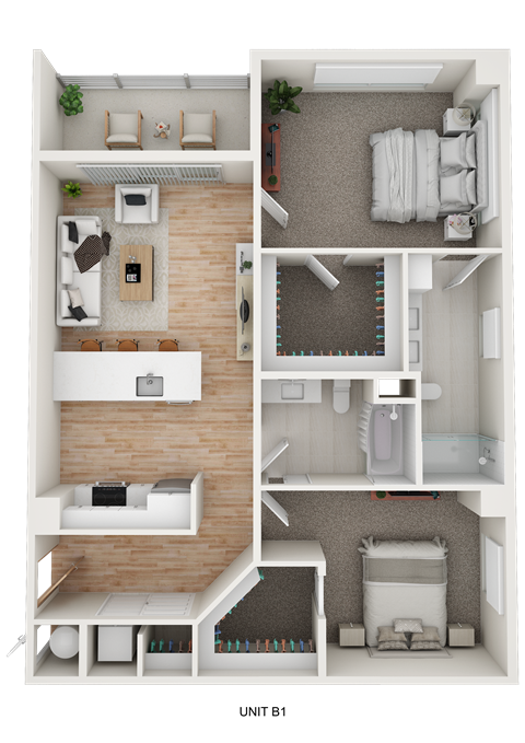 Floor plan for 2 beds, 2 baths, 1127 sqft
